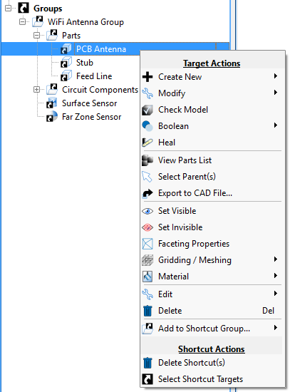 Right-click menu target actions.