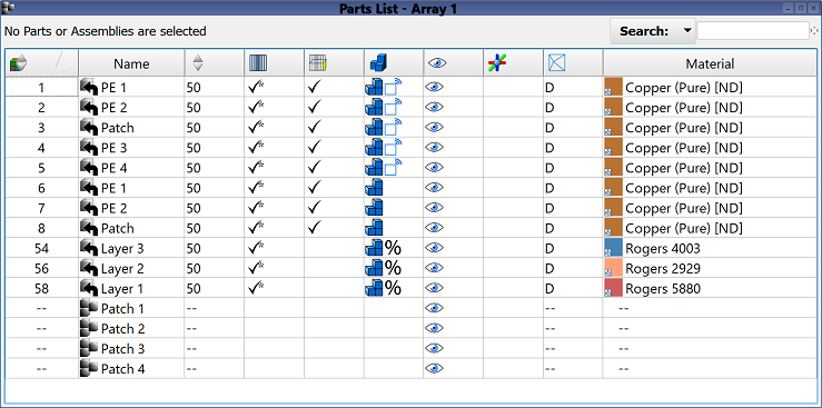 Screenshot of parts list.