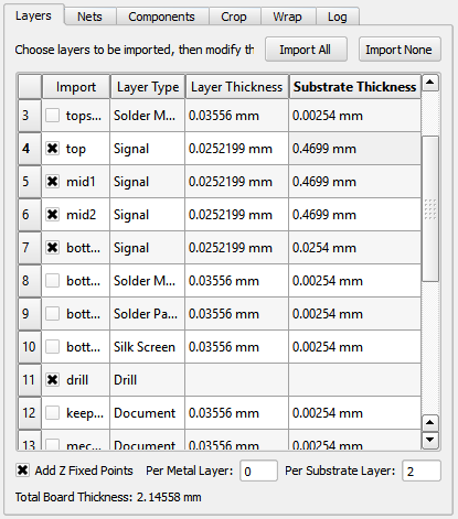 PCB import Layers tab.