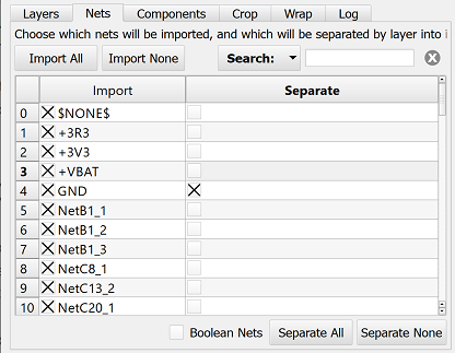 PCB import Nets tab.