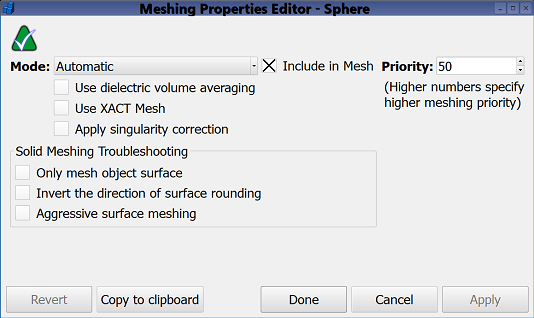 Screenshot of solid model editor settings.